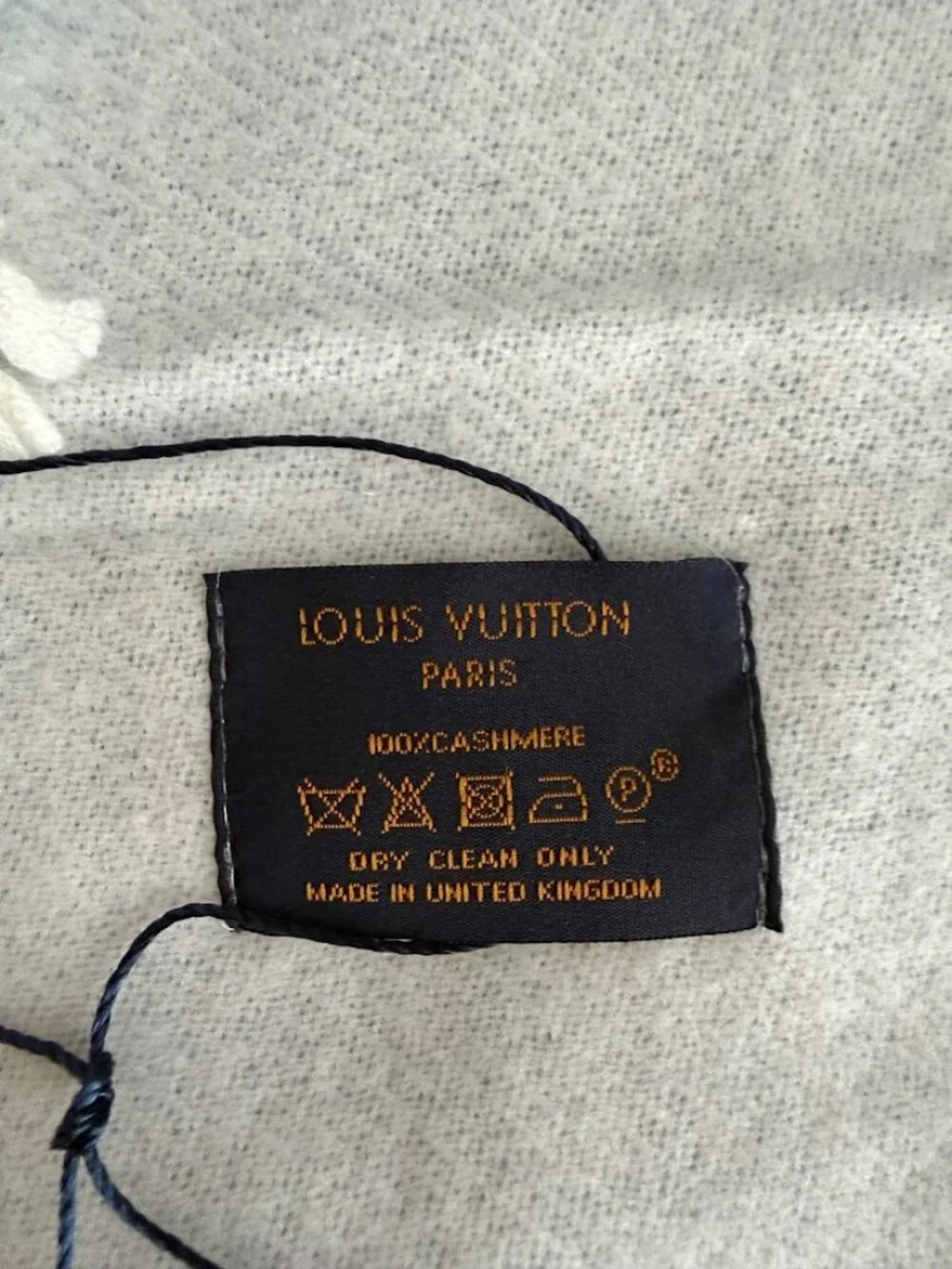 Luxury Blue Ivory 100% Cashmere Oversized Monogram Scarf Wrap Fringe 70 x 25